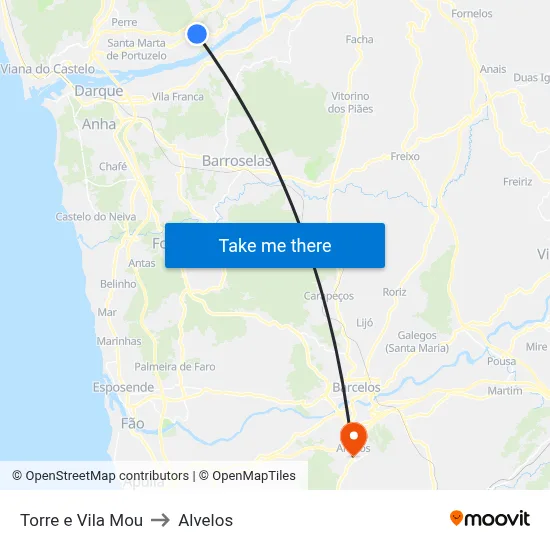 Torre e Vila Mou to Alvelos map