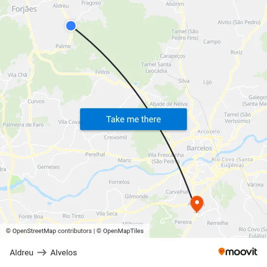 Aldreu to Alvelos map