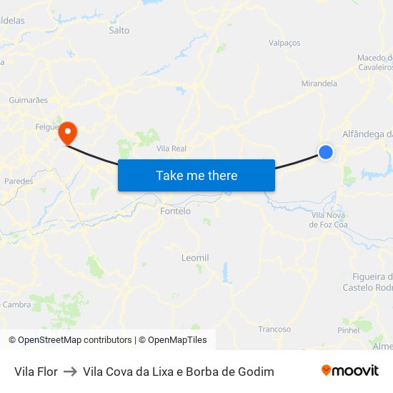 Vila Flor to Vila Cova da Lixa e Borba de Godim map