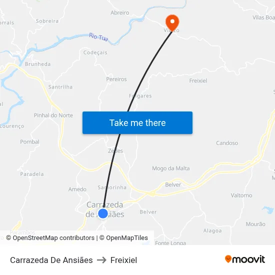 Carrazeda De Ansiães to Freixiel map