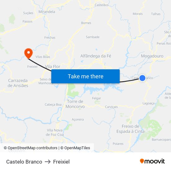 Castelo Branco to Freixiel map