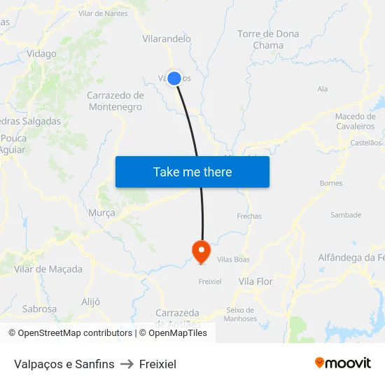 Valpaços e Sanfins to Freixiel map