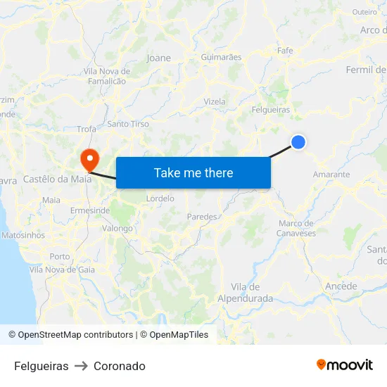 Felgueiras to Coronado map
