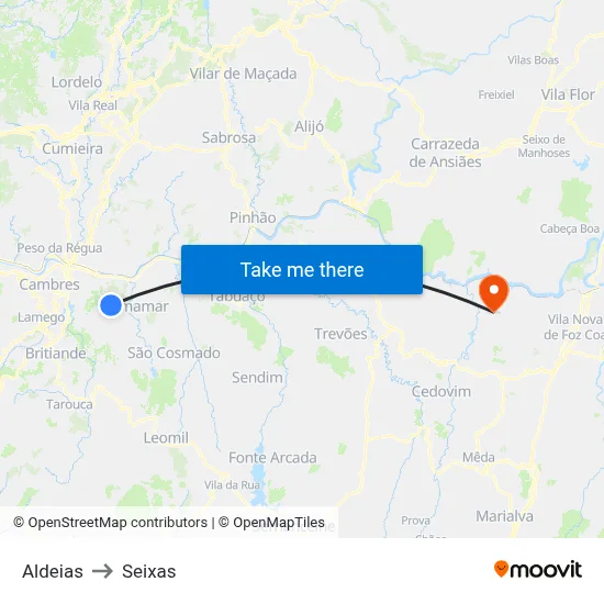 Aldeias to Seixas map