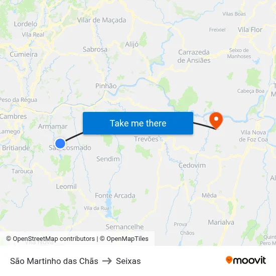 São Martinho das Chãs to Seixas map