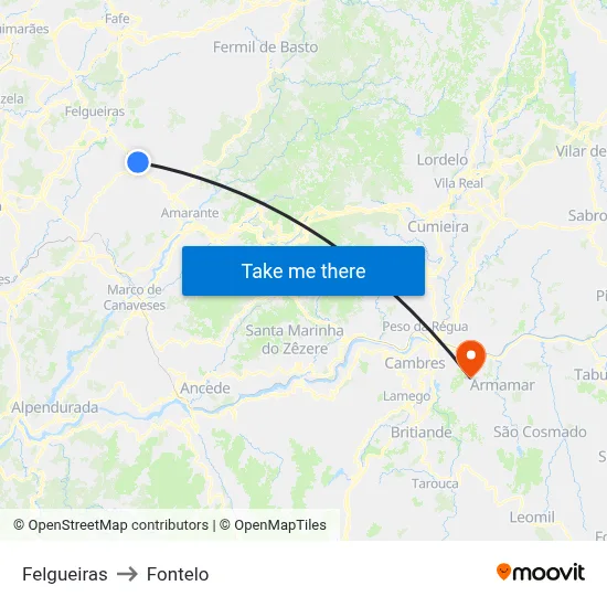 Felgueiras to Fontelo map