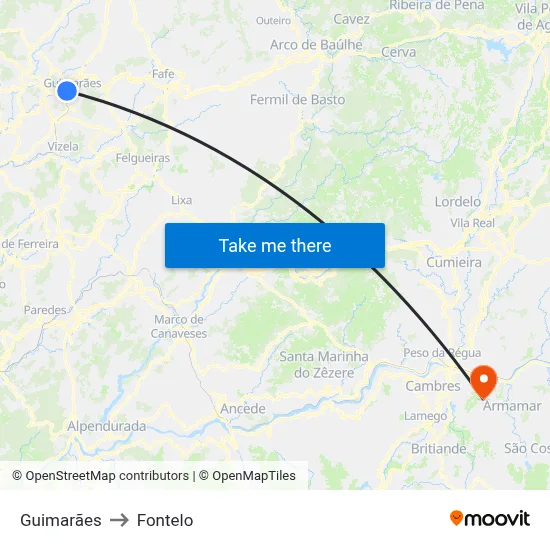 Guimarães to Fontelo map