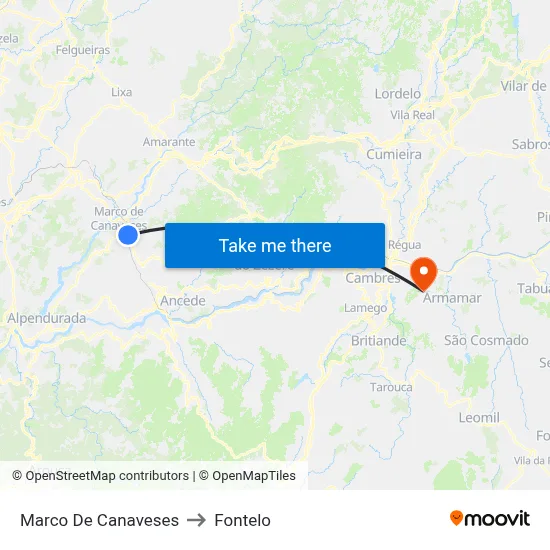 Marco De Canaveses to Fontelo map