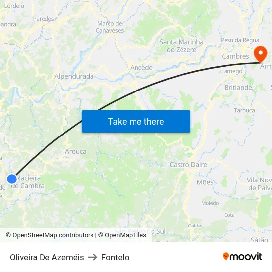 Oliveira De Azeméis to Fontelo map