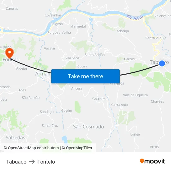 Tabuaço to Fontelo map