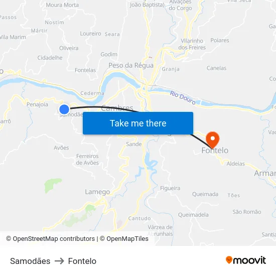 Samodães to Fontelo map