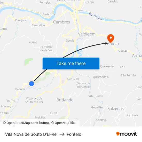 Vila Nova de Souto D'El-Rei to Fontelo map