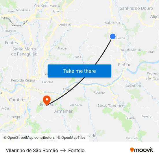 Vilarinho de São Romão to Fontelo map