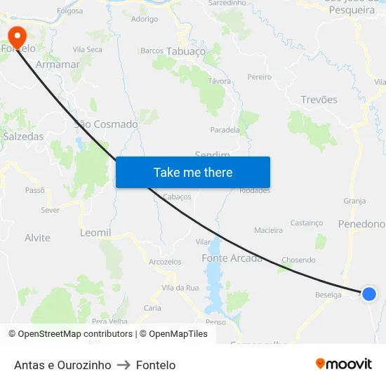 Antas e Ourozinho to Fontelo map