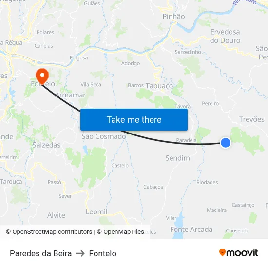 Paredes da Beira to Fontelo map