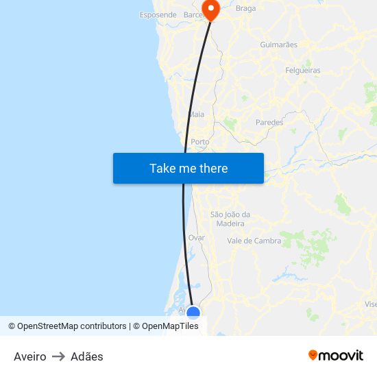 Aveiro to Adães map