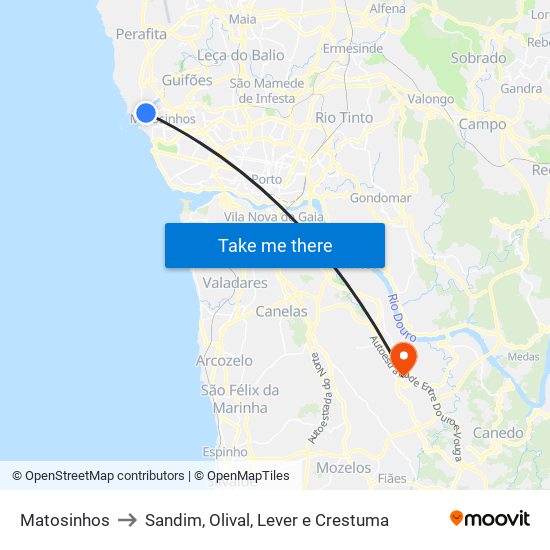 Matosinhos to Sandim, Olival, Lever e Crestuma map