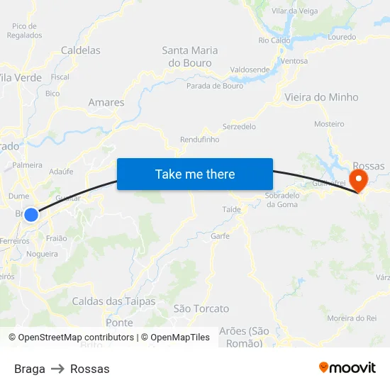 Braga to Rossas map
