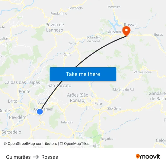 Guimarães to Rossas map