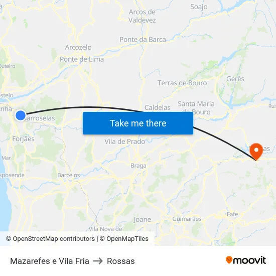 Mazarefes e Vila Fria to Rossas map