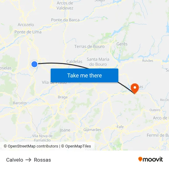 Calvelo to Rossas map