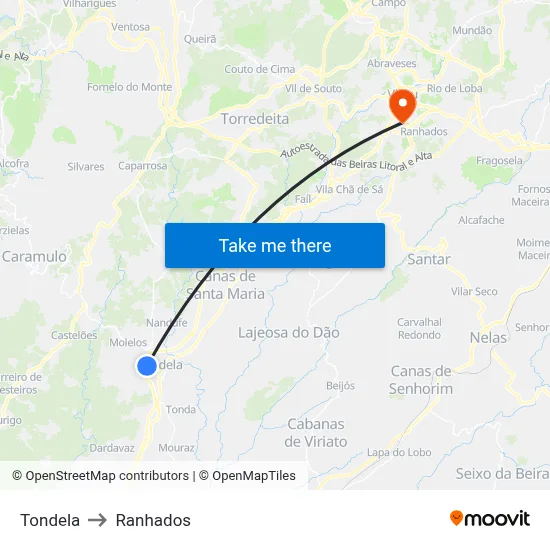 Tondela to Ranhados map