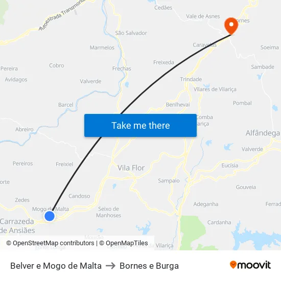 Belver e Mogo de Malta to Bornes e Burga map