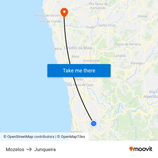 Mozelos to Junqueira map