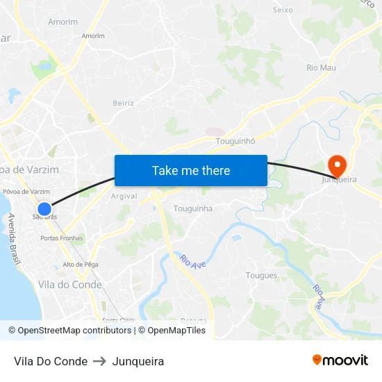 Vila Do Conde to Junqueira map