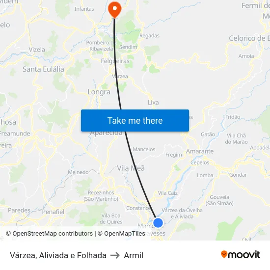 Várzea, Aliviada e Folhada to Armil map