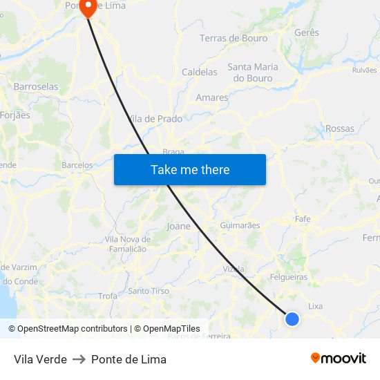 Vila Verde to Ponte de Lima map