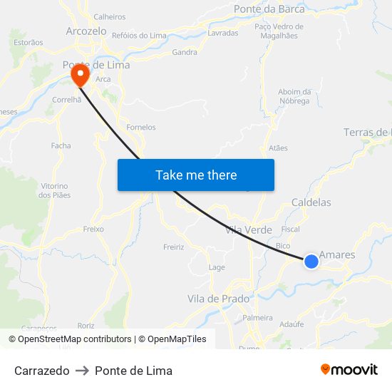 Carrazedo to Ponte de Lima map