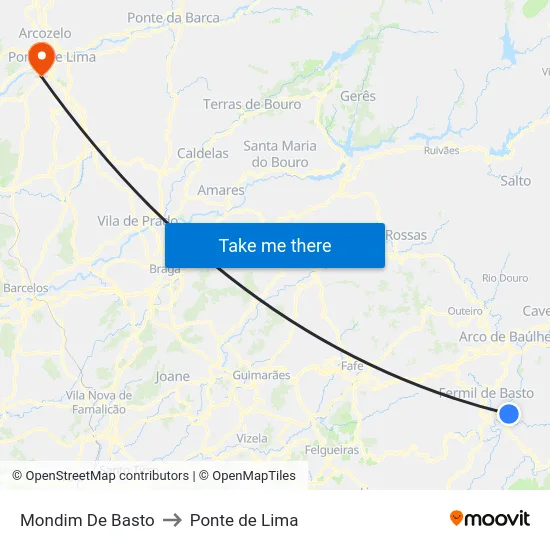 Mondim De Basto to Ponte de Lima map