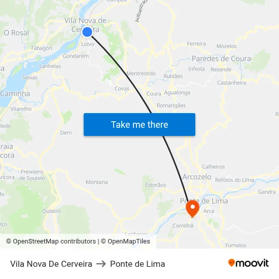 Vila Nova De Cerveira to Ponte de Lima map