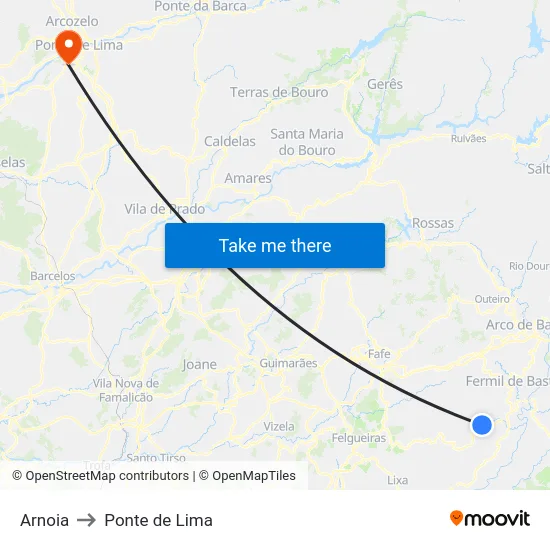 Arnoia to Ponte de Lima map