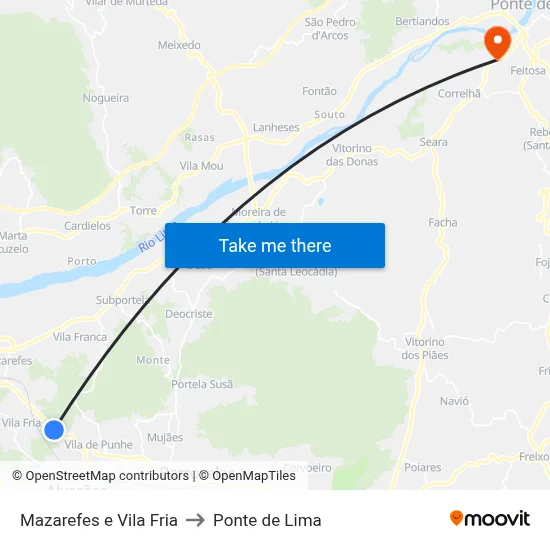 Mazarefes e Vila Fria to Ponte de Lima map
