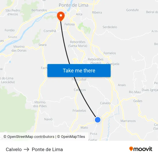 Calvelo to Ponte de Lima map