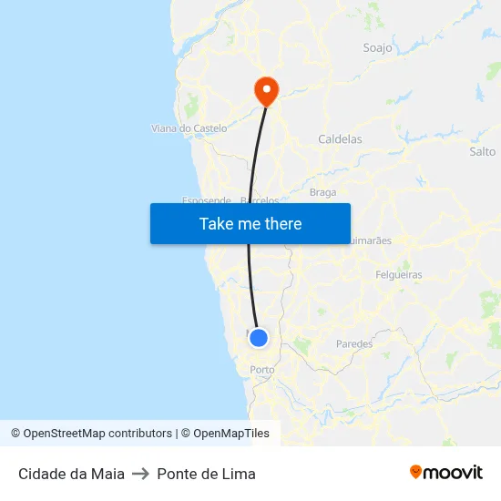 Cidade da Maia to Ponte de Lima map