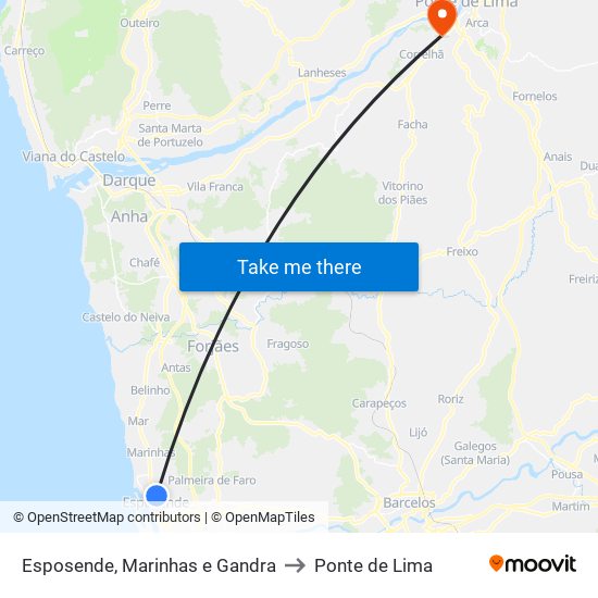 Esposende, Marinhas e Gandra to Ponte de Lima map