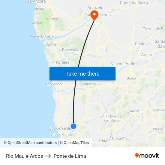 Rio Mau e Arcos to Ponte de Lima map