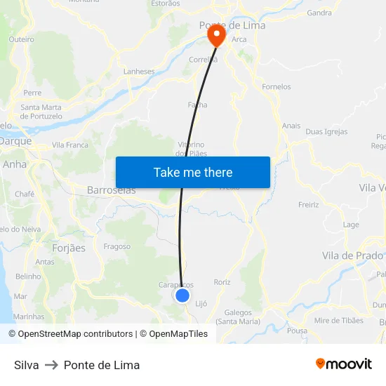 Silva to Ponte de Lima map