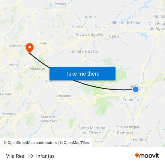 Vila Real to Infantas map
