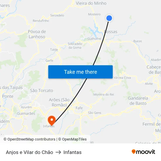 Anjos e Vilar do Chão to Infantas map