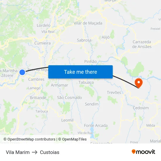 Vila Marim to Custoias map