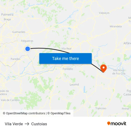 Vila Verde to Custoias map