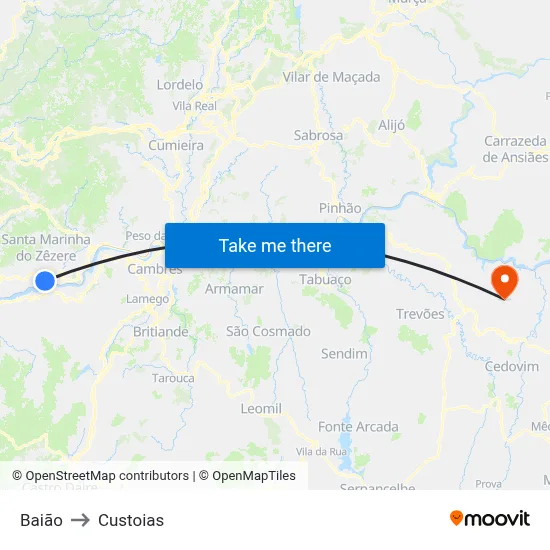 Baião to Custoias map