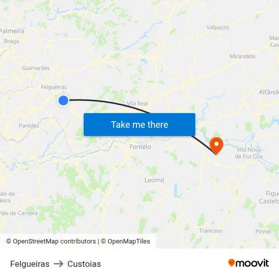 Felgueiras to Custoias map