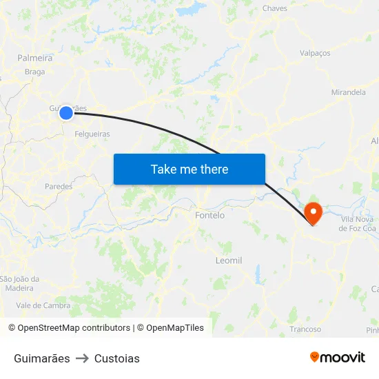 Guimarães to Custoias map