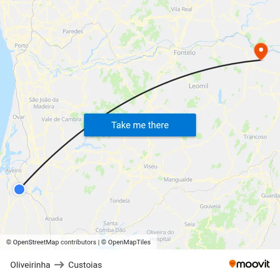 Oliveirinha to Custoias map