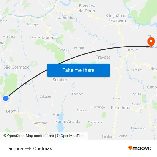 Tarouca to Custoias map